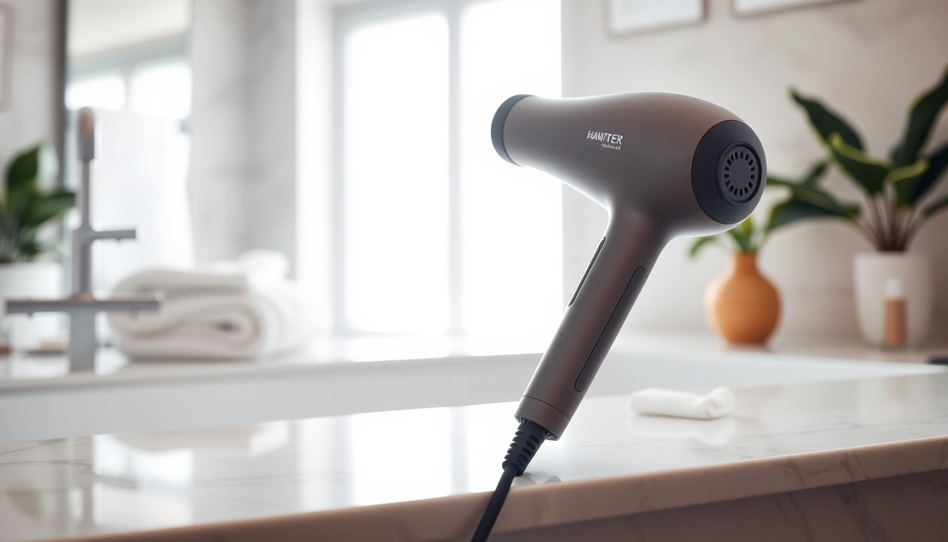 Lightweight hair dryer displayed on a marble counter in a bright, modern bathroom setting.