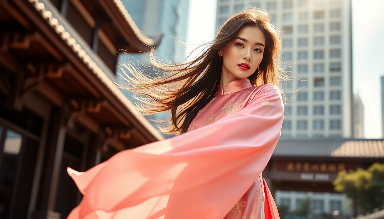 Model showcasing Vietnamese Áo Dài in a vibrant urban setting, illustrating cultural elegance.