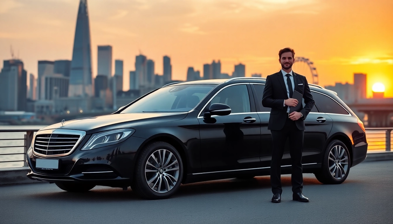 Experience premium chauffeur hire london with a luxury car in front of London landmarks.