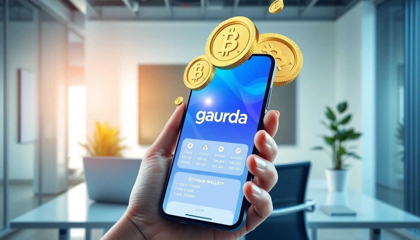 Using the gaurda wallet app on a smartphone, showcasing digital currency management.