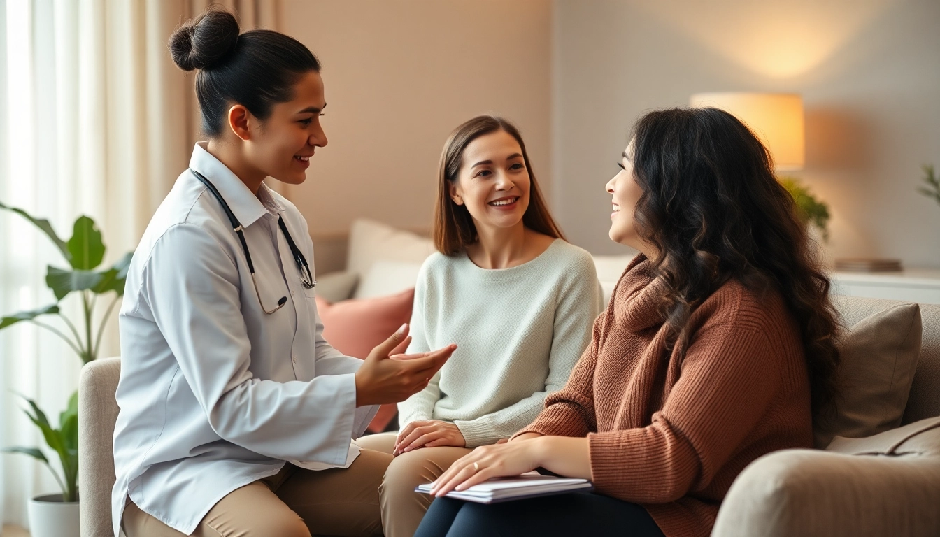 Counselling session between a therapist and client in a warm, inviting environment.