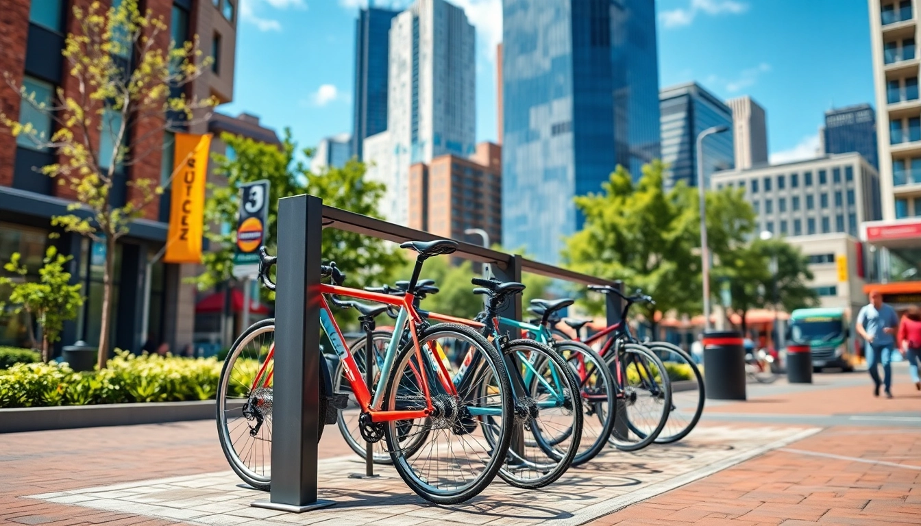 Urban bike storage solution featuring modern bike racks amidst a vibrant city scene.
